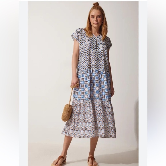 Zara Dresses & Skirts - ZARA Dress Womens XL Brown Blue Patchwork Tiered Long Flowy Bohemian Cotton NWT